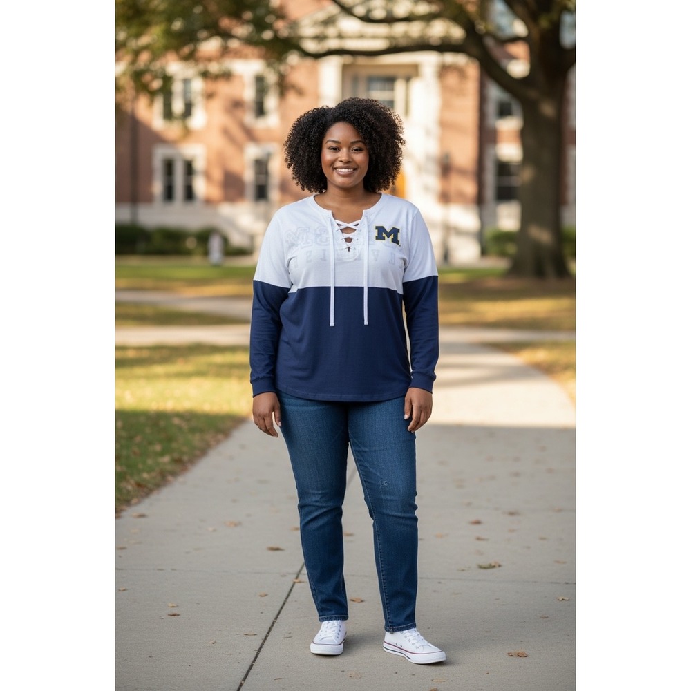 371 ZooZatz Michigan Wolverines Lace Up VNeck Jersey Shirt Navy White
